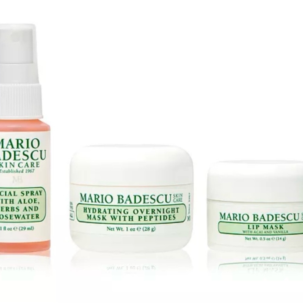 Mario Badescu Skincare Trio.Facial spray, hydrating overnight mask &lip mask.New